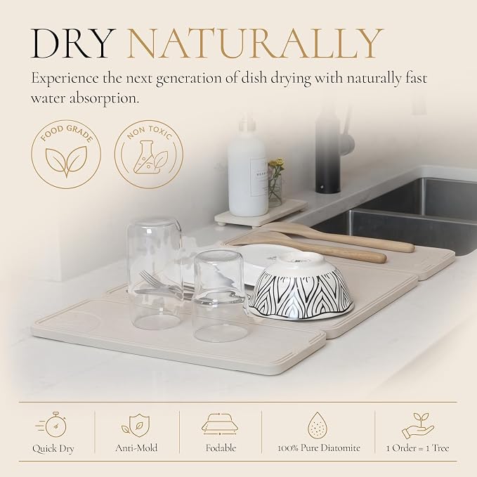 Large Stone Drying Mat for Kitchen Counter, Diatomaceous Earth Foldable Dish Drying Mat, Diatomite & Silicone Fast Water Absorbing Dry Pad, Thick Folding Drainer Mats for Dishes & Countertops