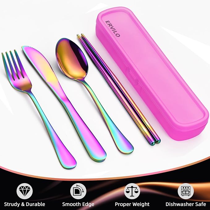 Travel Utensils with Case, Stainless Steel Portable Cutlery Set, Lunch Box Silverware for Work Camping Picnic, Reinforced Case with Snap-Lock Closure, Include Fork Spoon Knife Chopsticks, Rainbow