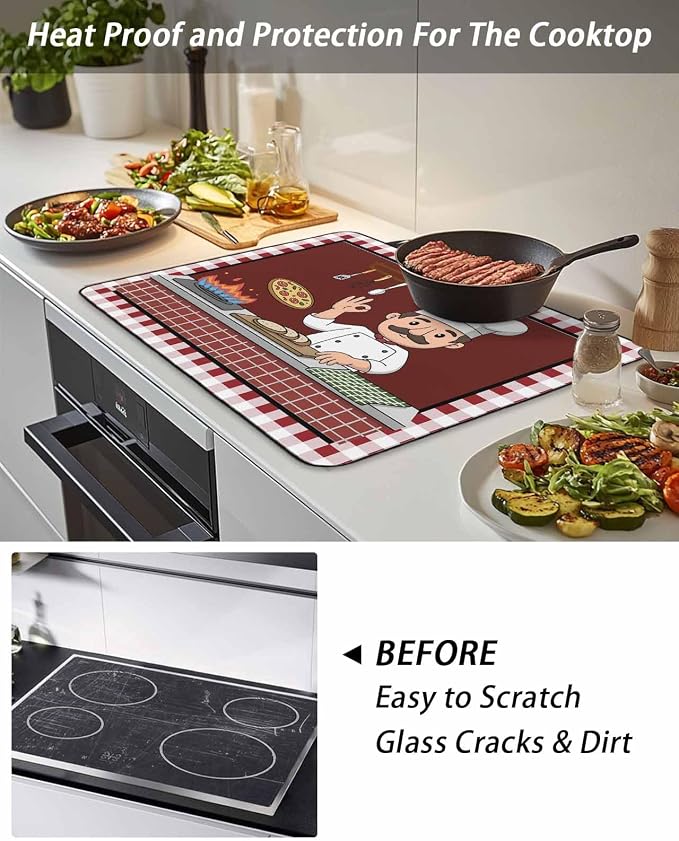 Stove Top Covers for Electric Stove 31x24 Inches, Ok Gourmet Cooking HeatResistant Glass Cooktop Protector, Funny Chef Kitchen Knife Fork Red Plaid Ceramic Stovetop Countertop Covers Mat, Oven Cover