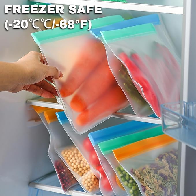10 Pack Reusable Snack Bags, BPA Free PEVA, Small Snack Size | 10 BPA-free PEVA snack bags with double-seal zippers; dishwasher and freezer safe for lunch, travel, and meal prep.