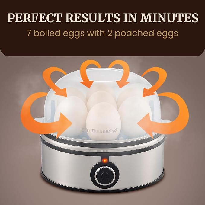 Elite Gourmet EGC855SS Easy Egg Cooker, 7-Egg, Steel | Cooks soft, medium, hard-boiled eggs, omelets, poached eggs - plays melody when done - auto shut-off - measuring cup included