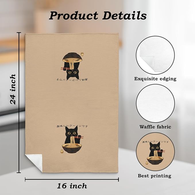 Funny Black Cat Kitchen Towel, Sushi Cat Lover Gifts Dish Towel, Japanese Ramen Noodles Sushi Black Kitty Decorative Hand Towel 16x24 Inch(A)