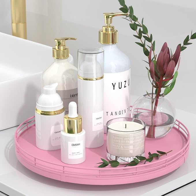 Oroyutor 12-Inch Oak Lazy Susan Vanity Tray, Pink Finish | Rotating oak tray organizes spices, toiletries and decor on kitchen counters, bathroom vanities, dining and coffee tables.