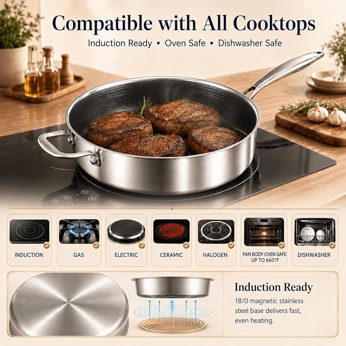 DELARLO Tri-Ply Hybrid Stainless Steel 10 Inch Saute Pan,3QT Chef Cooking Pan,Anti-Scratch,Compatible with All Cooktops,Oven Up to 660℉,Chicken Fryer,Dishwasher-Friendly（Detachable handle）
