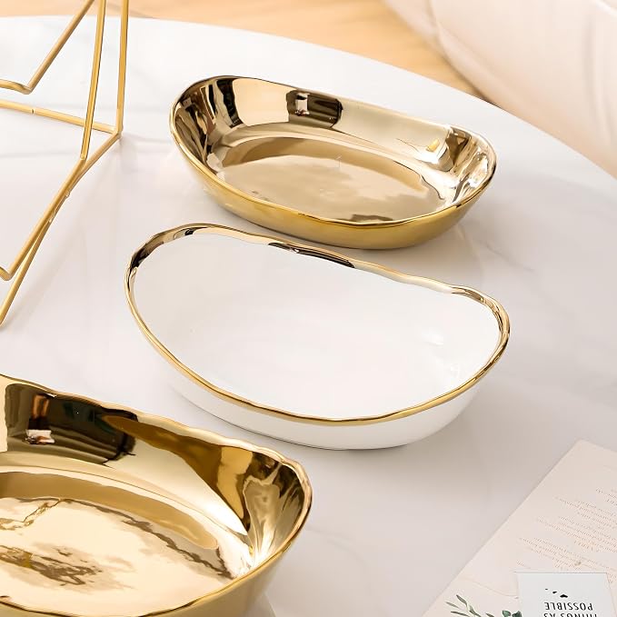 Gold Silver Fruit Bowl with Metal Stand, 3 Tier Ceramic White Fruit Bowl Fruit Rack for Kitchen Counter, Tiered Fruit Basket for Snacks Bread Candy Storage (Gold (Smooth Surface))