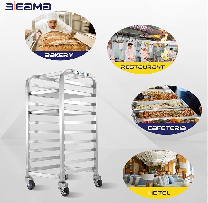 BIEAMA 10-Tier Sheet Pan Rack, NSF Aluminum Bun Pan Rack | Bakery speed Rack for Home Commercial Kitchen Bakery Cooling, 4 Wheels