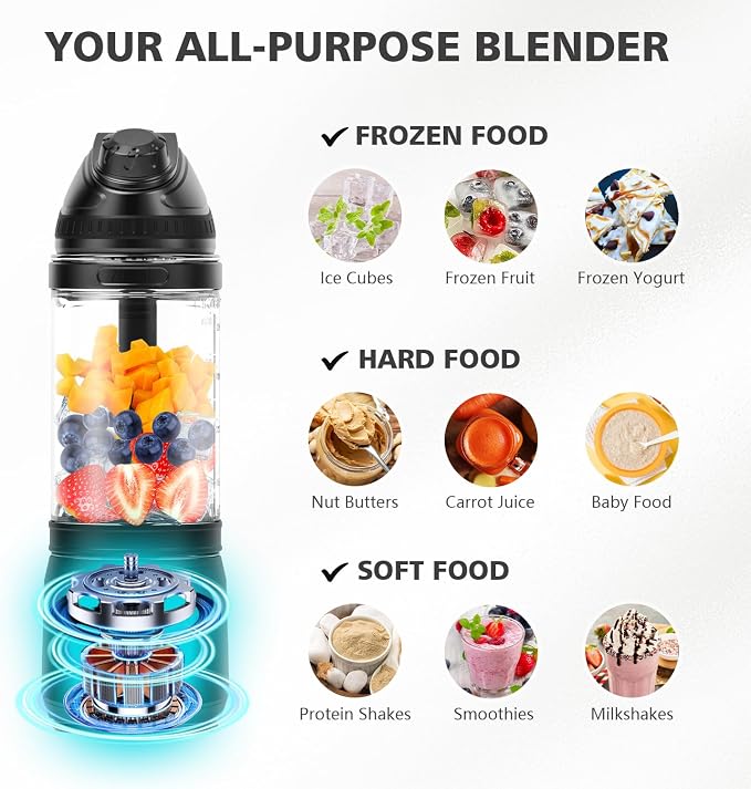 Portable Blender Personal Juicer for Shakes Smoothies with Travel Lid | 24 Oz Electric Protein Shaker Bottle, USB-C Rechargeable, Mini Small Cordless Blender Cup for Kitchen Travel Gym