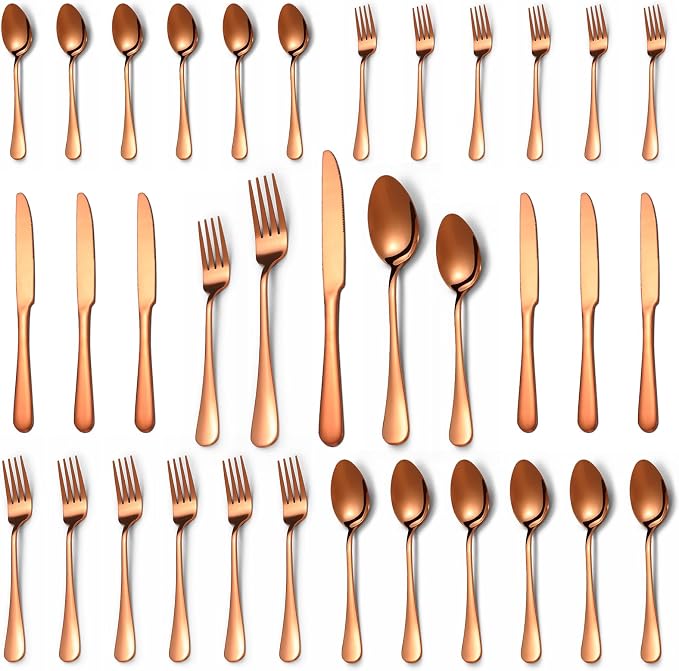 30 Pcs Rose Gold Silverware Set for 6, Food Grade Stainless Steel Flatware Set, Eating Utensils Sets Include Fork/Knife/Spoon, Reusable Cutlery Set for Home Kitchen, Dishwasher Safe, Round Edge