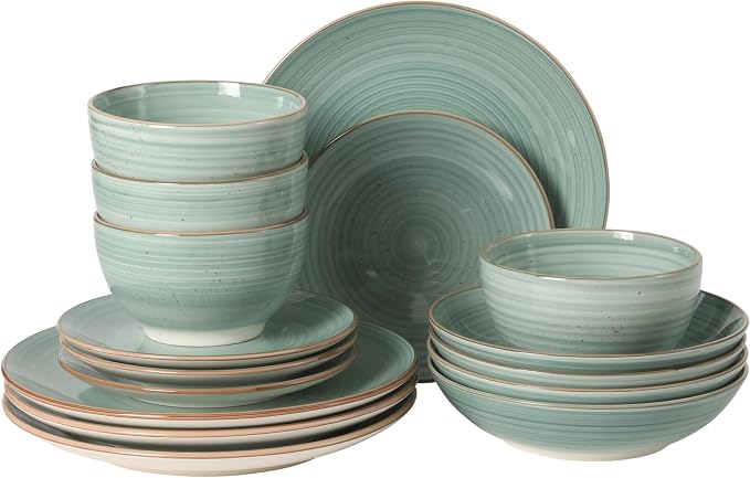 Gibson Home Stonebury 16 Piece Plates and Bowls Teal Dishes - Handpainted Stoneware Dinnerware Set - Service for 4