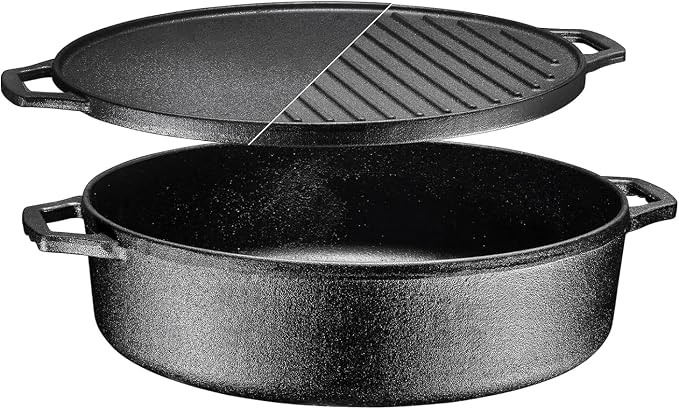 Bruntmor 6.8 Quart Cast Iron Skillet with Reversible Grill Griddle Lid - 3-in-1 Round Cast Iron Pan for Frying, Grilling, Dutch Oven Cooking - Roasting Pan with Lid, Camping Cookware, Black