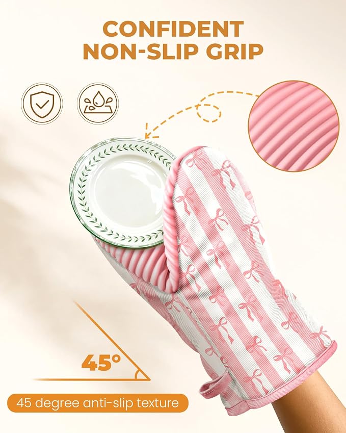 100% Thick Cotton Oven Mitts Ribbed Soft Silicone Cute Pink Bow | Aesthetic Oven Mitts for Women, Machine Washable Non-Slip Kitchen Mitts, Reversible for Both Hands, Stylish Kitchen Decor