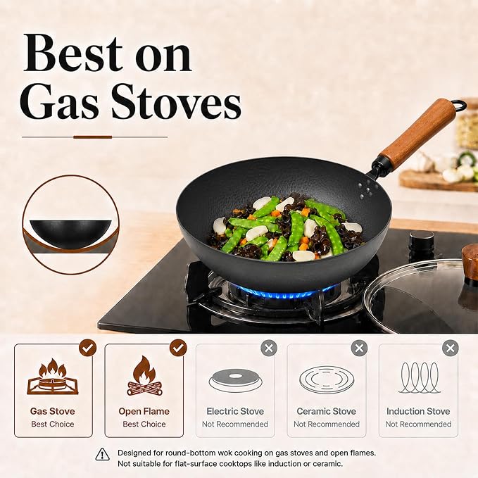 11" Round Bottom Carbon Steel Wok with Glass Lid, Traditional Chinese Stir Fry Pan for Gas Stove & Wok Ring, 3.2 QT Small Wok for 1–3 People, Uncoated, Wood Handle, Seasoning Required