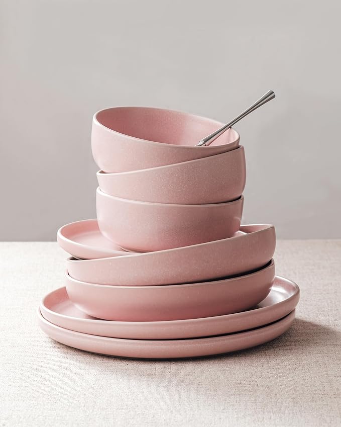 Famiware Milkyway 12-Piece Stoneware Dinnerware Set, Light Pink | Plates and Bowls for 4, Reactive Glaze Dish Set, Microwave & Dishwasher Safe, Chip & Scratch Resistant