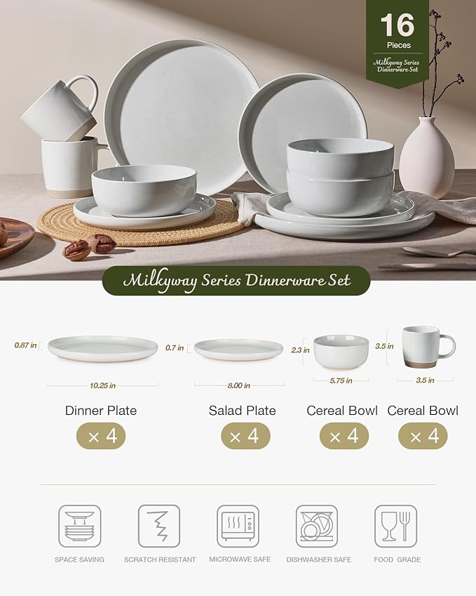 Famiware Milkyway 16-Piece Dinnerware Set with Mugs, Light Gray | Stoneware Plates and Bowls for 4, Dishes Set for Everyday/Formal Use, Microwave/Dishwasher Safe, Chip/Scratch Resistant
