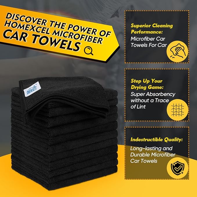 HOMEXCEL Black Microfiber Cleaning Cloth 20 Pack 11.5 x 11.5 inch Microfiber Towels for Cars Ultra Absorbent Car Washing Cloth Lint Free Streak Free Cleaning Rags for Car, Kitchen Window