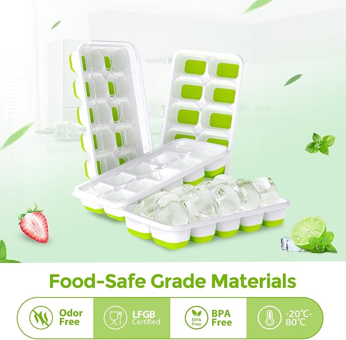 DOQAUS Ice Cube Tray with Lids, 4 Pack Silicone Ice Trays for Freezer | Stackable BPA & LFGB Safe, Easy Release for Kitchen, RV, Cocktail, Coffee, Soup & Food