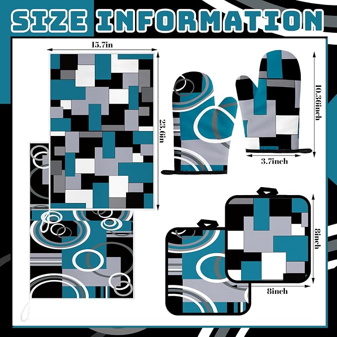 Jingmore 6 Pcs Kitchen Decor Set Accessory Farmhouse Kitchen Towels Pot Holders Oven Mitts Set 2 Dish Towels 2 Pot Holders 2 Cooking Mittens Oven Glove for Cooking(Teal,White, Gray,Geometric)