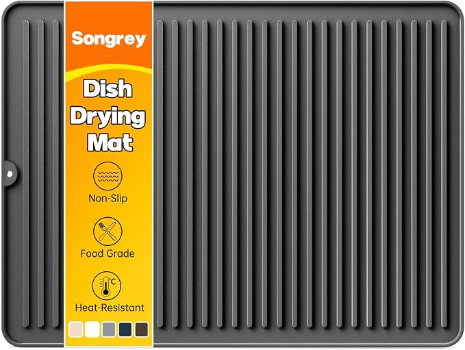 Songrey Silicone Dish Drying Mat for Kitchen Counter, 24" x 18", Black | Drying Pad for Sink Dishes or Under Rack, Multi-Use as Heat Resistant Trivet, Coffee Bar Mat