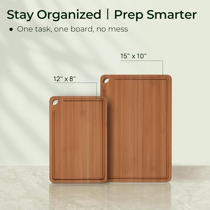 Keechee Carbonized Bamboo Cutting Board Set of 2, Wood Kitchen Boards | Non Toxic, Resisted-Cracking&Curling, Deep Juice Groove, Side Handles,Cross-Laminated Structure, Knife-Friendly