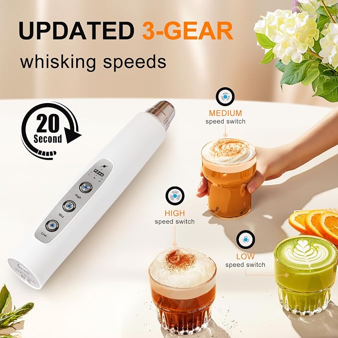 YUSWKO Handheld Milk Frother Wand for Coffee, Rechargeable Electric Whisk with 3 Heads 3 Speeds Drink Mixer Coffee Frother For Latte, Cappuccino, Hot Chocolate, Egg, White