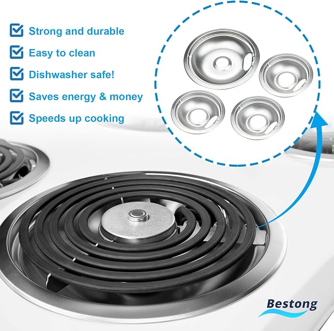 Electric Stove Drip Pans for Whirlpool W10278125, 4-Pack (3x6",1x8") | Includes 3 large 6" and 1 large 8" Chrome drip pans to replace worn burner bowls on compatible Whirlpool ranges