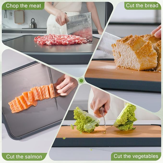 Titanium Cutting Board for Kitchen, Double Sided Pure Titanium & Wood Fiber | Non‑Slip Platinum Silicone Edge, Juice Groove, for Chopping Meat/Vegetables/Fruit Dishwasher Safe, 16"×11"