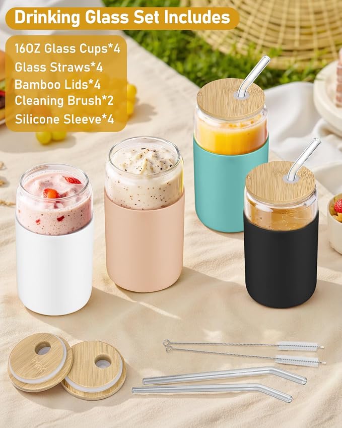 Glass Cups with Lids - 16 oz Glass Drinking Cups Set with Silicone Sleeves | Anti-Slip, Bamboo Lids, Iced Coffee Cup, Home Essential, Coffee Bar Accessories, Glass Tumbler, Reusable, Matcha Cup