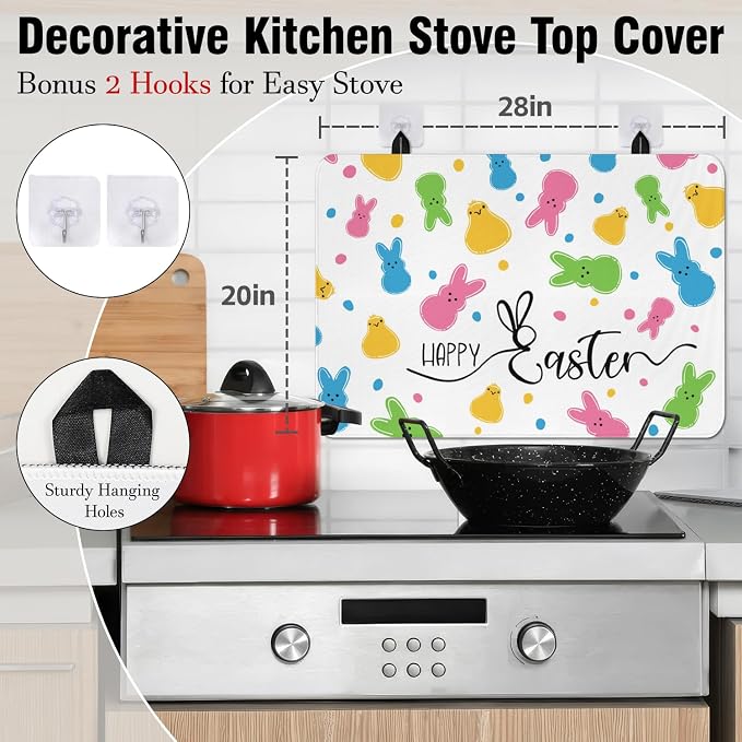 Happy Easter Glass Stove Top Covers for Electric Stove,Spring Rabbit Bunny Chick Polka Dots Heat Resistant Cooktop Protector Non-Slip Washable Dish Drying Mat Rug Pad for Kitchen Decor 28"x20"