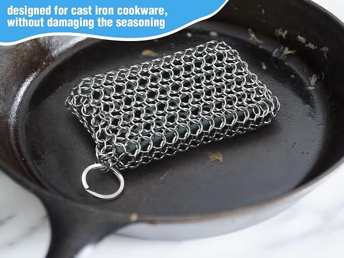 Herda 316L Cast Iron Scrubber Cleaner, Large Chainmail Cast Iron Cleaner | Honeycomb Silicone Insert,Flexible,Stainless Steel Chain Mail Metal Sponge Scrub Skillets,Oven,Flat Top,Grill Pan Pot Brush