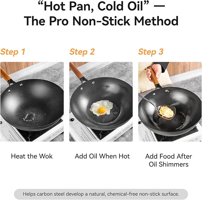 WANGYUANJI 12.6" Carbon Steel Wok with Lid, Flat Bottom Wok Pan for Induction and Gas Stoves, Heavy Duty Unseasoned Asian Stir Fry Pan with Detachable Wooden Handle