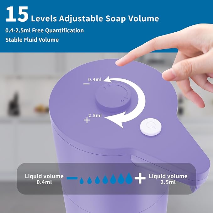 Automatic Soap Dispenser Touchless, Hands-Free, Multi Adjustable Volume, Long Battery Life, Compatible with Thick & Thin Dish/Hand Soap for Bathroom and Kitchen, Easy for Toddlers, Purple