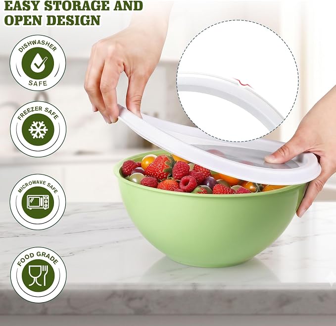 Greentainer 4-Piece Plastic Mixing Bowl Set with Lids for Kitchen, 67oz Lightweight Storage Bowls, Large Salad Bowls for Baking, Prepping, Cooking and Serving Food, Dishwasher & Microwave Safe