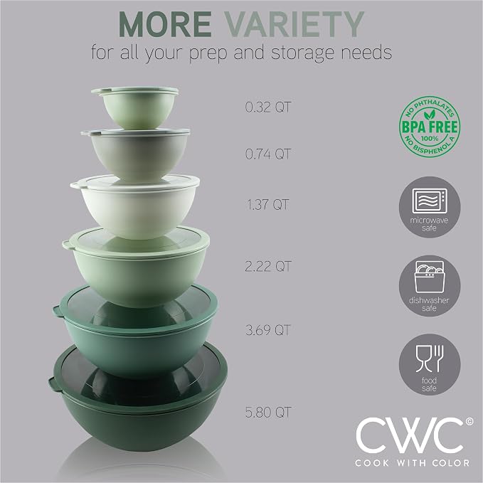 COOK WITH COLOR Mixing Bowls with Lids - 12 Piece Plastic Nesting Bowls Set includes 6 Prep Bowls and 6 Lids, Microwave Safe Mixing Bowl Set, Sage Tritan Lid
