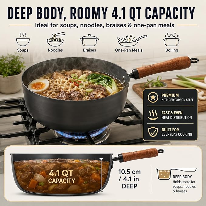 4 Qt Nitrided Carbon Steel Deep Wok with Lid, Flat Bottom | Deep 4 Qt nitrided steel for braising, soups, noodles and one-pot meals; wooden handle; gas, electric and induction ready.