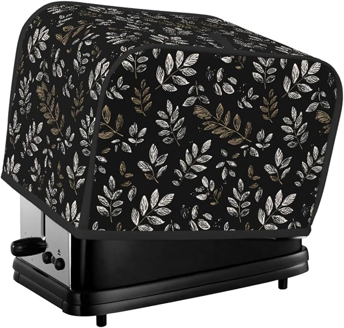 2 Slice Toaster Cover Boho Black Leaf Pattern Dust Proof Washable Kitchen Appliance Cover with Pocket, Oxford Fabric Countertop Toaster Protector for Standard Toasters Small Appliances