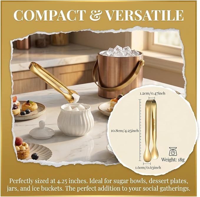 Mini Serving Tongs Set of 6, 4.25 Inch Gold Stainless Steel Small Tongs | Perfect for Sugar Cubes, Desserts, Tea Party, Ice Cubes, Appetizers — Smooth Rounded Edges, Dishwasher Safe Kitchen Utensils
