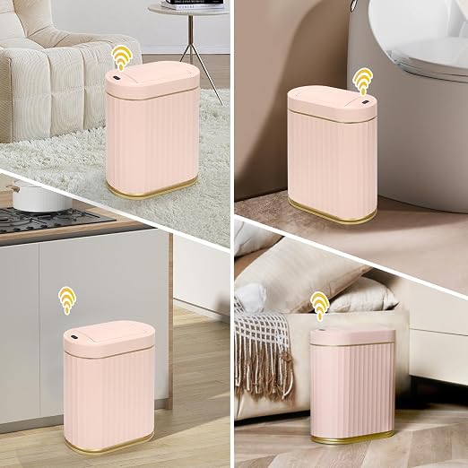ELPHECO Motion Sensor Bathroom Trash Can with Lid 2 Gal Automatic Trash Can | Butterfly Lid, Room Decor Bathroom Accessories, Motion Sensor Wastebasket Garbage Can, Kitchen Living Room Office, Pink Gold