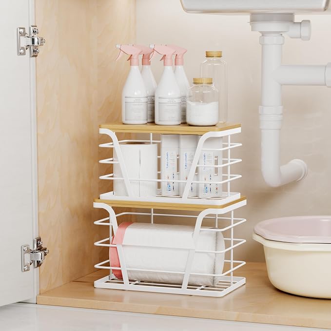 TIDIIABODE 2 Pack Stackable Laundry Room Organization and Storage, Laundry Room Decor and Accessories, Trash Bag Holder with Bamboo Top and Garbage Bag Dispenser, White