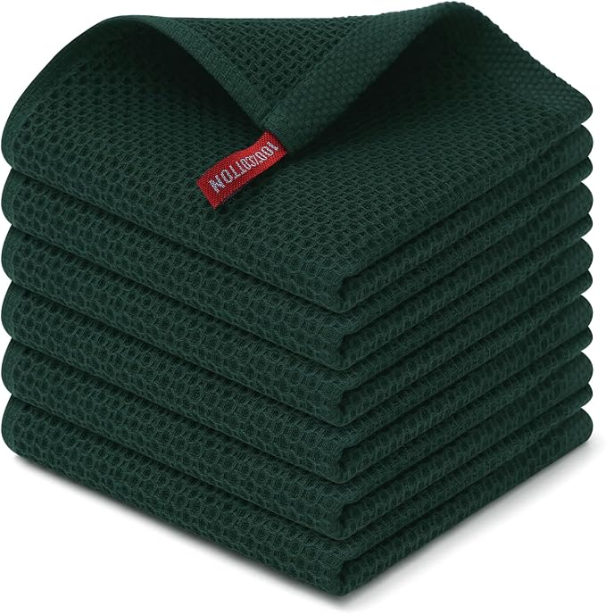 Kitinjoy Cotton Waffle 6-Pack Kitchen Towels, 12" x 12", Blackish Green | Ultra Absorbent, Super Soft, lightweight, Quick Drying Dish Rags for Washing Dishes