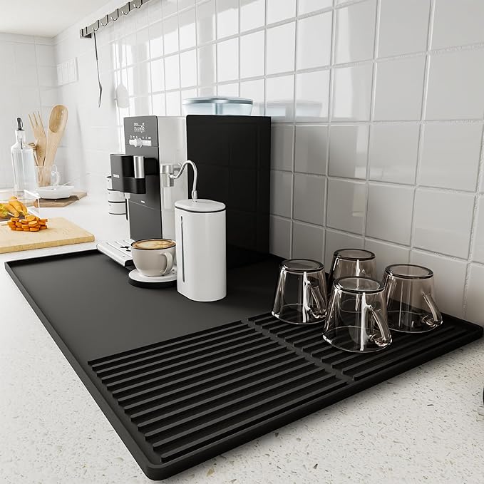 Silicone Coffee Mat with Raised Edges, , 24'' x 16'', Bar Mat for Countertops, Bar Accessories, Coffee Maker Mat, Espresso Machine, Dish Drying Mat (BLACK)