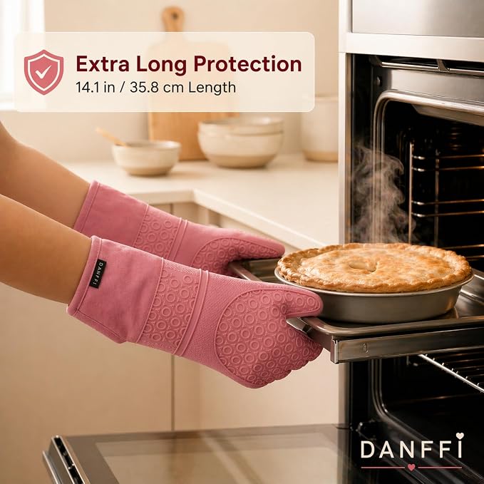 Silicone Oven Mitts and Pot Holders 6 Piece Set, Heat Resistant 500°F Extra Long Oven Gloves with Cotton Lining, Non-Slip BPA-Free Hot Pads and Pinch Mitts for Baking BBQ Cooking (Pink)