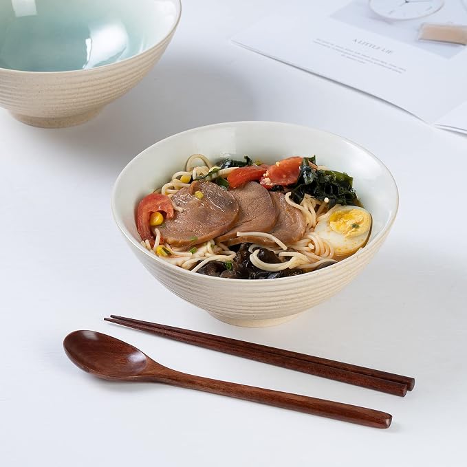Ceramic Japanese Ramen Bowl Set, 2 Sets Asian Pho Udon Soup Noodle Bowls with Spoons and Chopsticks (Green, 8 inches)