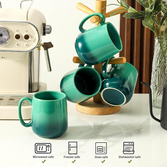 HASENSE 15oz Ceramic Mug Set of 4, Green Ombre Coffee Cups with Handle – Microwave & Dishwasher Safe Large Cappuccino Latte Tea Mugs, Housewarming Gift Idea