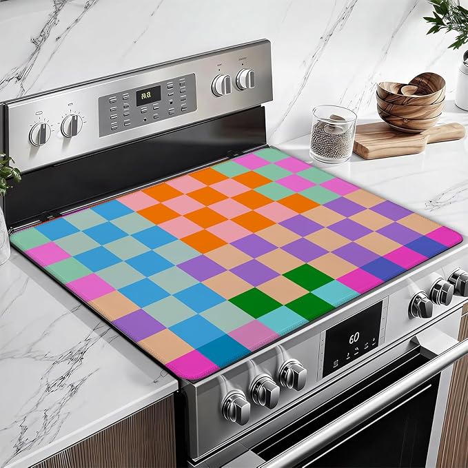 Colorful Checkered Stove Top Covers for Electric Stove, Electric Gas Stove Pad Heat Resistant Range Cooktop Protector for Home Decor Kitchen 28"x20"