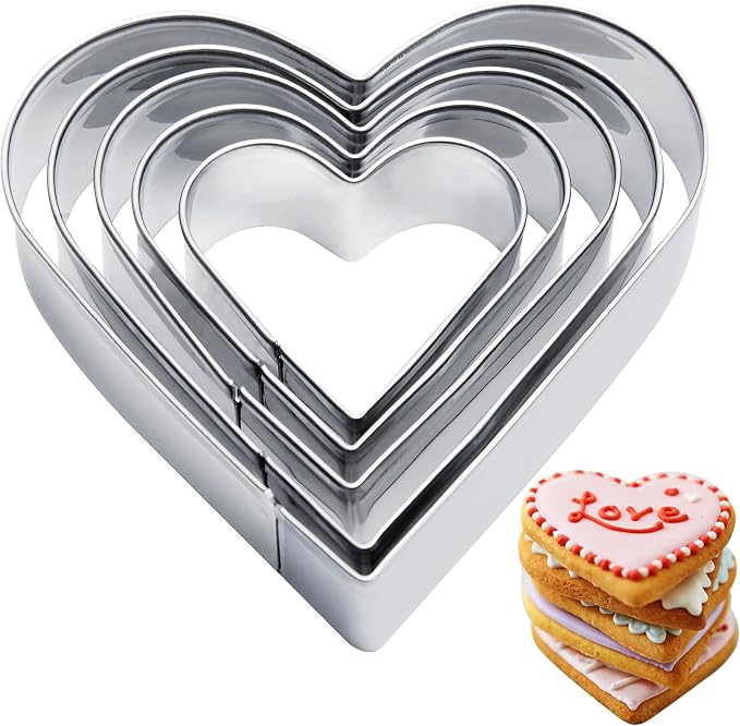 5 Pcs Heart Cookie Cutter,Heart Shaped Cookie Cutters for Baking | Stainless Steel Biscuit Cutters for Valentine's Day Birthday, Wedding,Holiday,Party