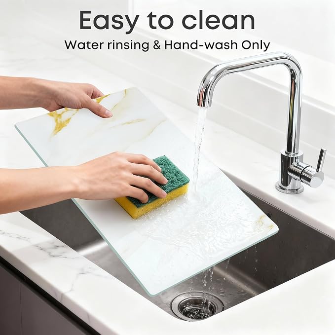 Murrey Home Glass Cutting Board for Kitchen Counter, Tempered Glass Chopping Boards Dishwasher Safe, Small Clear Countertop Tray, Scratch Resistant, Heat Resistant, Non Toxic, Gold Marble, 20"x16"