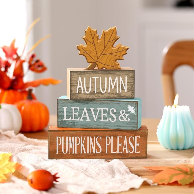 Lineshading 4 Pcs Fall Decorations For Home Wooden Maple Leaf Thanksgiving | Rustic Fall Table Centerpiece with Maple Leaf, Stacked Leaves Pumpkins Signs, Seasonal Harvest Theme, Sunflower Accents
