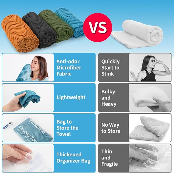 YESLIFE Cooling Towels, 4-Pack 40"x12", Multicolor Set E | Microfiber gym towels, soft breathable neck wrap, cooling towel for yoga running sport camping, Multicolor, 4-pack