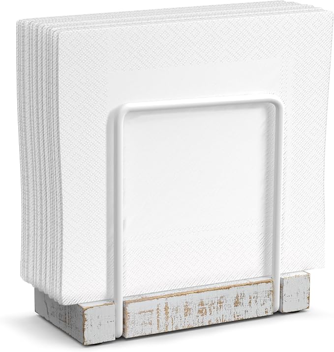 Wican Napkin Holder for Table, Wood Iron Standing Napkin Dispenser | Dining Table Farmhouse Cocktail Picnic Rustic Wood Holders, Suitable All Kitchen Dining Room Decor, White & Farmhouse White
