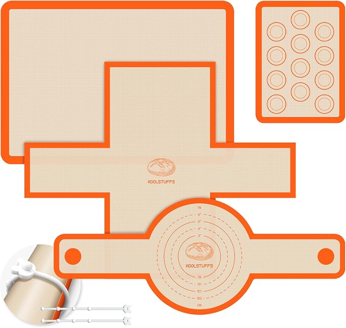 Silicone Baking Mat Set of 4, Nonstick & Reusable | Silicone Bread Sling & Loaf Pan Liners for Bread, Macaron Baking Mat for Macarons, Pastry